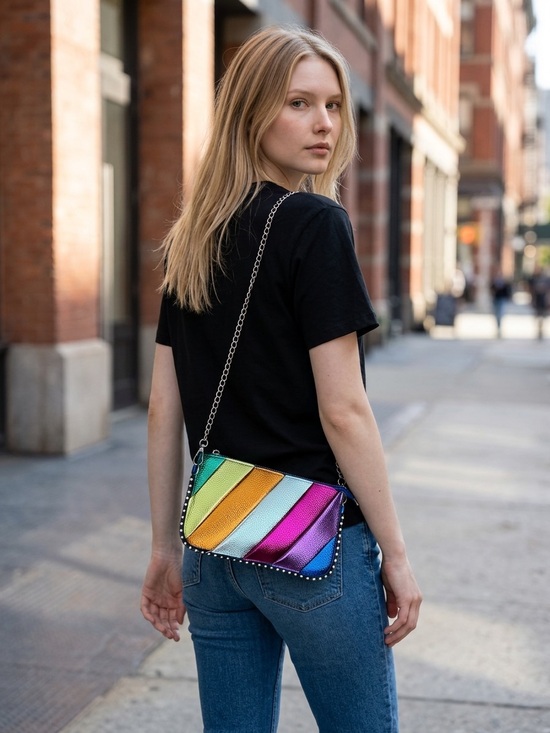 No brand Handbags - Color-Block Metallic Rainbow Crossbody Bag with Silver Chain Strap